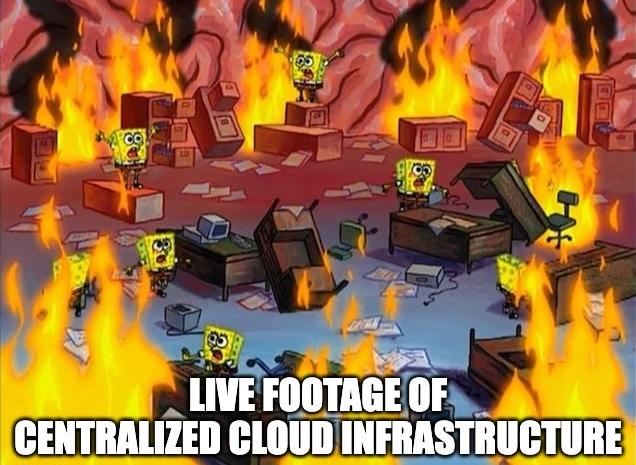 Multiple SpongeBobs panicking in a burning office, symbolizing centralized cloud infrastructure collapsing during an outage.